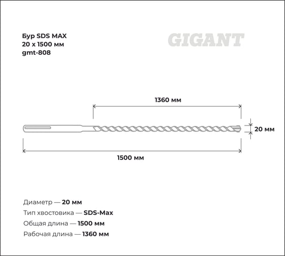 Бур SDS MAX 20x1500 мм Gigant gmt-808