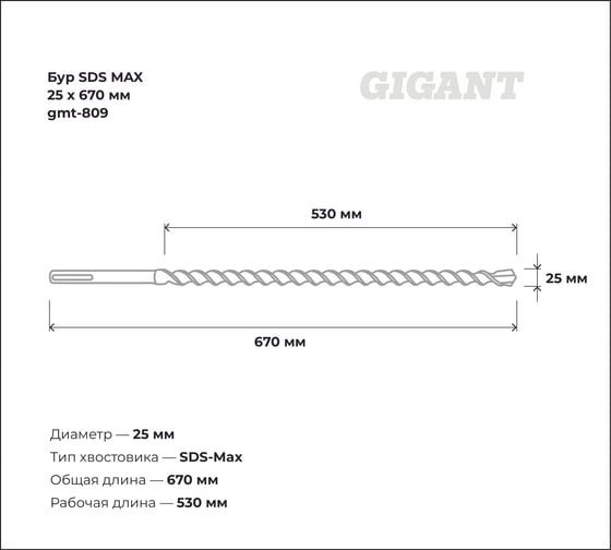 Бур SDS MAX 25x670 мм Gigant gmt-809