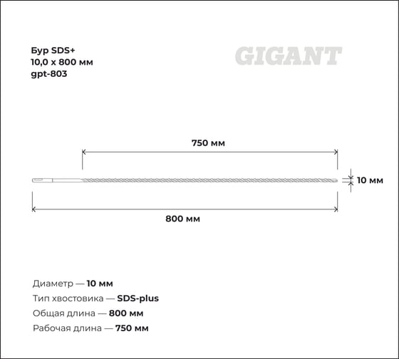 Бур SDS+ 10x800 мм Gigant gpt-803