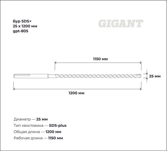 Бур SDS+ 25x1200 мм Gigant gpt-805