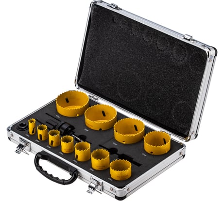 Набор коронок Bimetal (14, 20, 22, 25, 30, 35, 40, 51, 60, 64, 67 мм), 16 предметов, металлический кейс KRANZ KR-92-0203-1