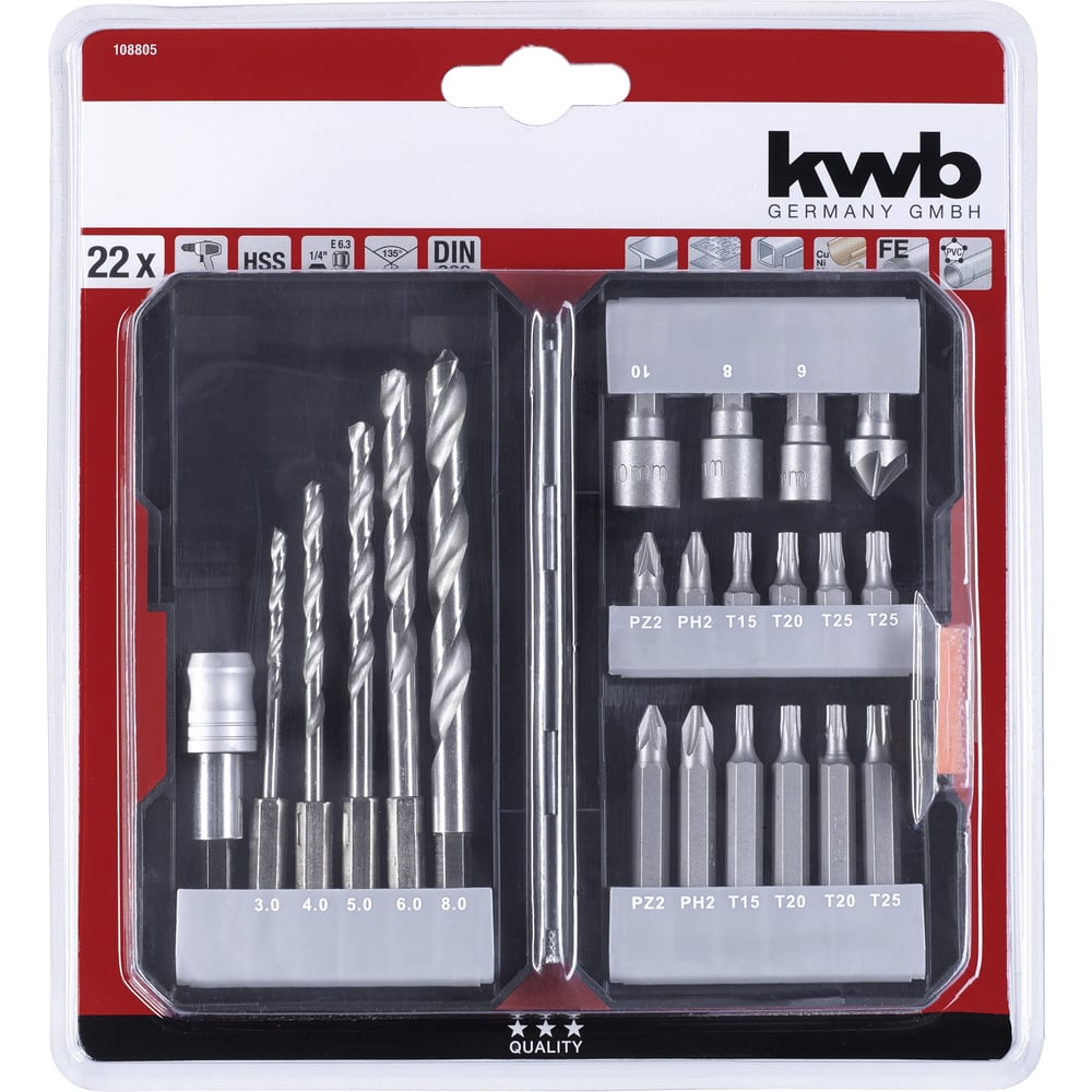 Набор бит, сверл, головок, 22 предмета, кейс kwb 108805 - выгодная цена ...