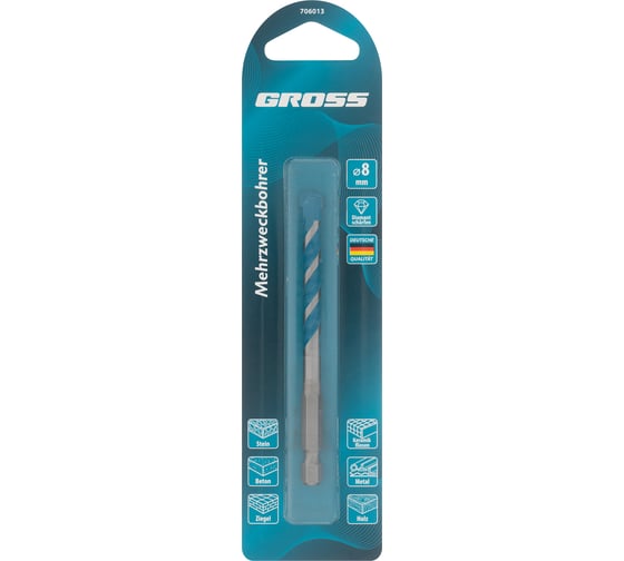 Сверло универсальное, Multipurpose PRO, 6-гр. хвостовик, 8 мм GROSS 706013