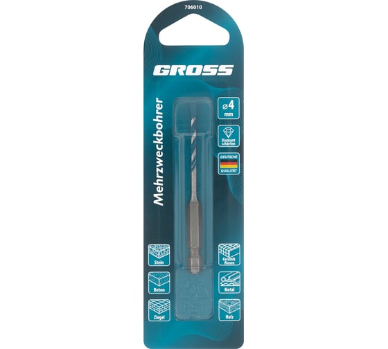Сверло универсальное, Multipurpose PRO, 6-гр. хвостовик, 4 мм GROSS 706010