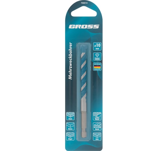 Сверло универсальное, Multipurpose PRO, 6-гр. хвостовик, 10 мм GROSS 706014