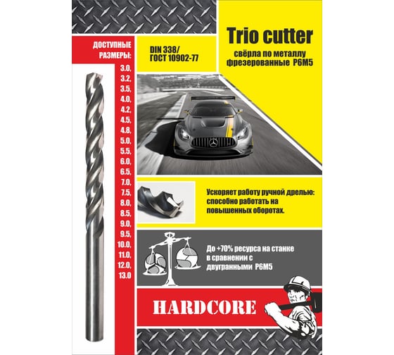Сверло по металлу Trio Cutter (4х75 мм; Р6М5) Hardcore 143040