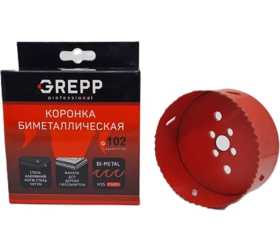 Коронка биметаллическая диаметр 102 мм, глубина сверления 38 мм GREPP 207-38102