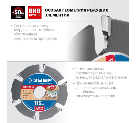 Пильный диск ЗУБР Термит-6 115х22.2 мм, по дереву, для УШМ 36858-115