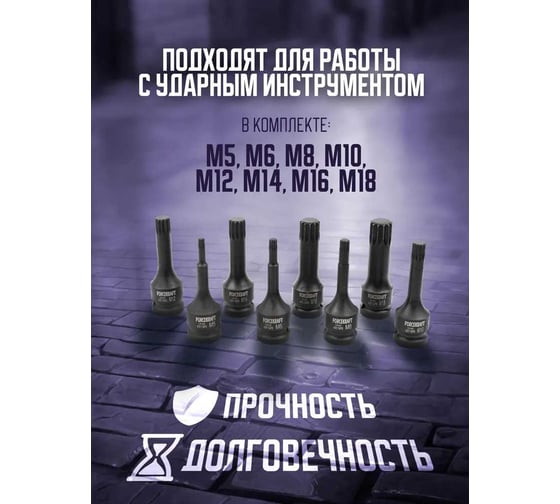 Набор головок-бит SPLINE ударных 8 шт, 1/2"DR, M5, M6, M8, M10, M12, M14, M16, M18, в кейсе Forcekraft FK-40811MPB(27086)