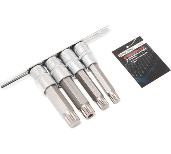 Набор головок-бит Spline 12-лучевых, 4 предмета, М12, М14, М16 с отверстием, М18, L-100 мм, 1/2"DR, на планке Forsage F-40916L(46629) 1