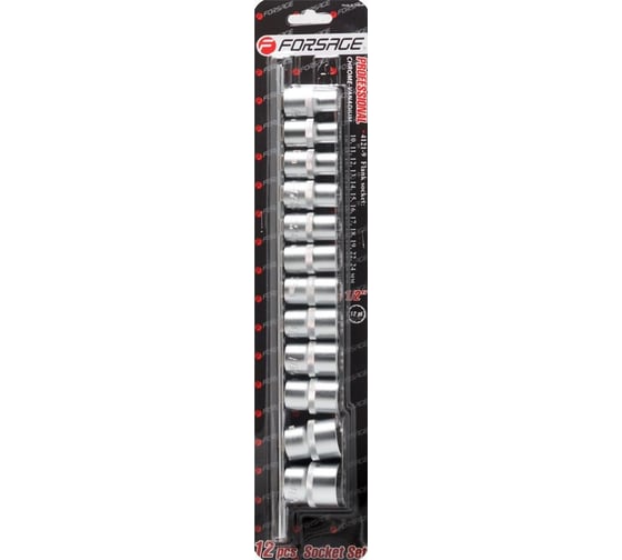 Набор головок 12 предметов, 1/2"DR, 12 гр., 10-19, 22, 24 мм, на планке Forsage F-4121-9(9744)