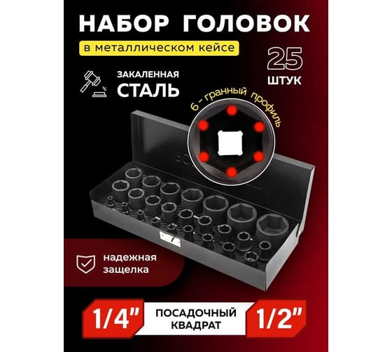 Набор головок ударных 25 предметов 1/4", 1/2" (6гр.)(1/2": 10,11,12,13,14,15,16,17,18,19,21,22,24,27,30,32мм. 1/4": 4,5,6,7,8,9,10,12,13мм.) Forcekraft FK-50121K(59039)