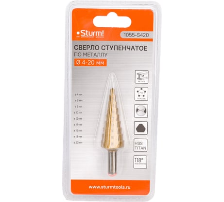Сверло ступенчатое по металлу (4-20 мм; шаг 2 мм; HSS TIN) Sturm 1055-S420