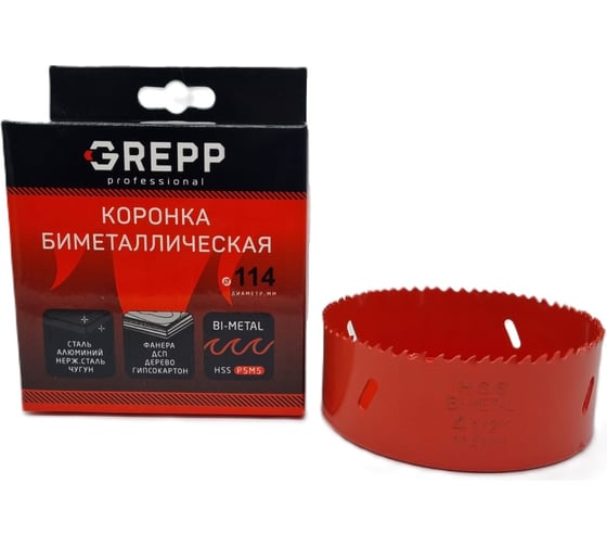 Коронка биметаллическая 114 мм, глубина сверления 38 мм GREPP 20 207-38114 1