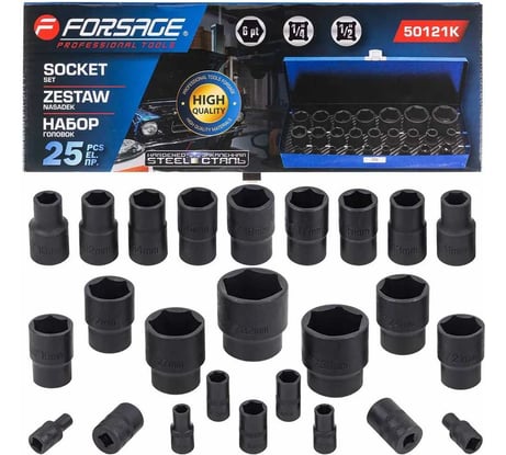 Набор головок ударных 6-гранных 1/4"DR, 1/2"DR 25 предметов Forsage F-50121K(59041)