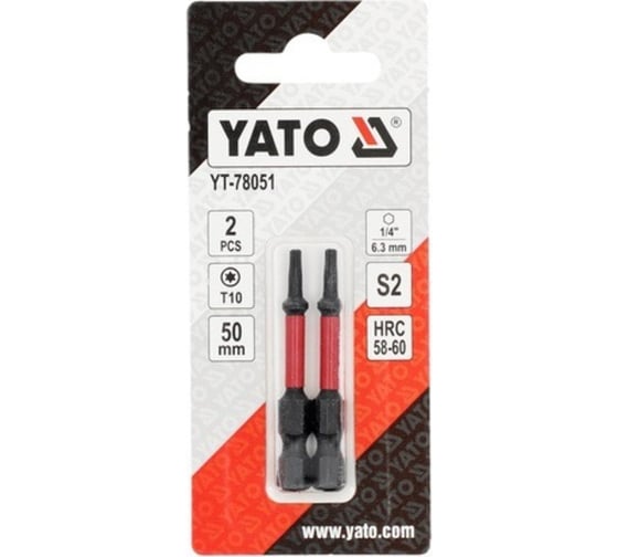 Биты ударные Т10, 50 мм, 1/4", 2 шт YATO YT-78051