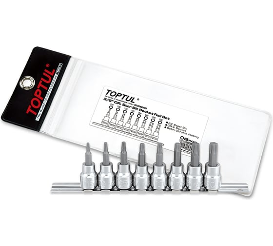Набор торцевых головок TORX T15-T50, L48 мм, 3/8"DR, 8 предметов на планке TOPTUL GAAG0804 1