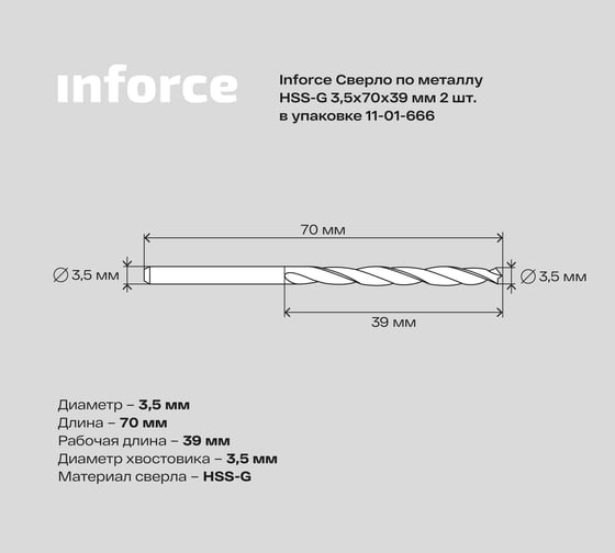 Сверло по металлу HSS-G (2 шт; 3.5х70х39 мм) Inforce 11-01-666