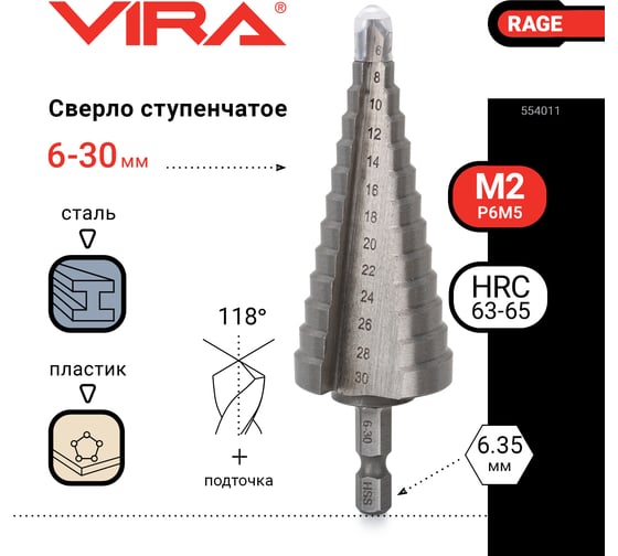 Сверло ступенчатое по металлу (6-30 мм; шестигранный хвостовик) RAGE by VIRA 554011