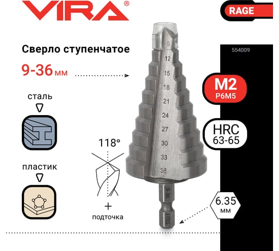 Сверло ступенчатое по металлу (9-36 мм; шестигранный хвостовик) VIRA RAGE 554009