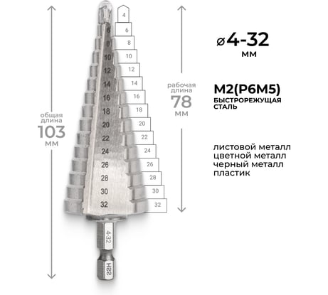Сверло ступенчатое по металлу (4-32 мм; шестигранный хвостовик) RAGE by VIRA 554002