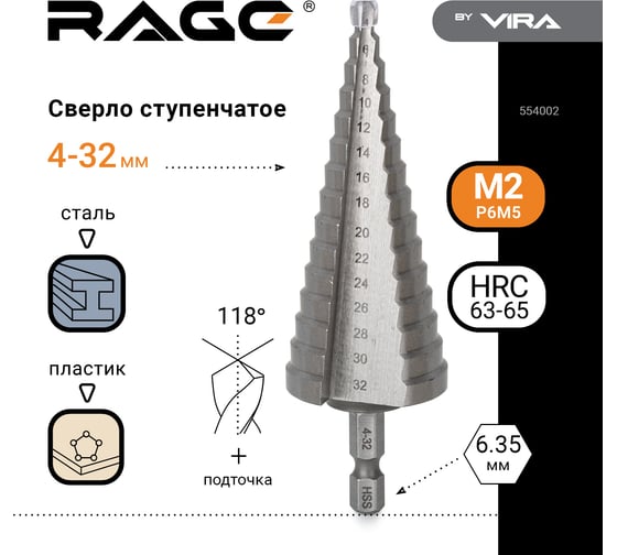 Сверло ступенчатое по металлу (4-32 мм; шестигранный хвостовик) RAGE by VIRA 554002