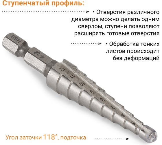 Сверло ступенчатое Р6М5  (4-12 мм; шестигранный хвостовик) RAGE by VIRA 554001
