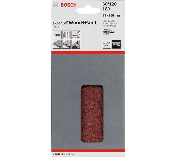 Листы шлифовальные по дереву (93x185 мм; К60/120/180) Bosch 2608605310 1