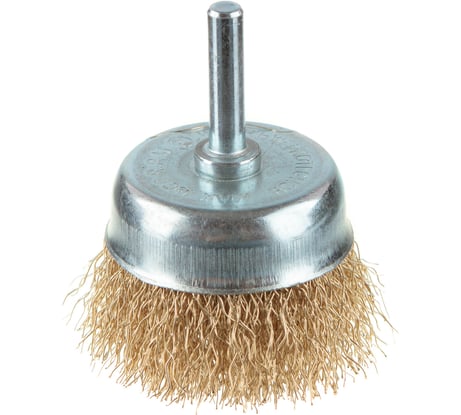 Щетка крацовка для дрели со шпилькой, чашечная, витая, латунированная, 65 мм GREPP 214-065