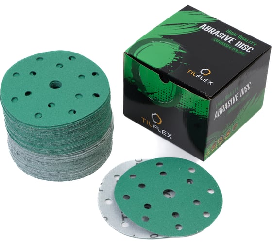Абразивный круг GREEN Film 150 мм, P120, 15 отверстий, на липучке, 100 шт TILFLEX TL41-120/100