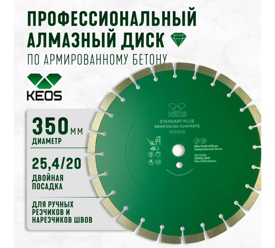 Диск алмазный Standart Plus сегментный армированный бетон (350х25.4/20 мм) KEOS DBS02.350P