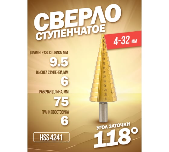 Сверло ступенчатое HSS 4241 4-32 мм Forsage F-44740(29853)