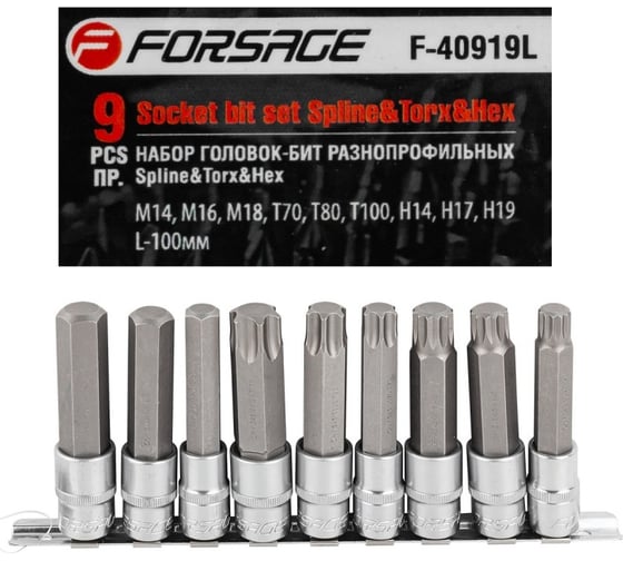 Набор головок-бит разнопрофильных Spline-Torx-Hex на планке (9 шт; 1/2") Forsage F-40919L(46633)