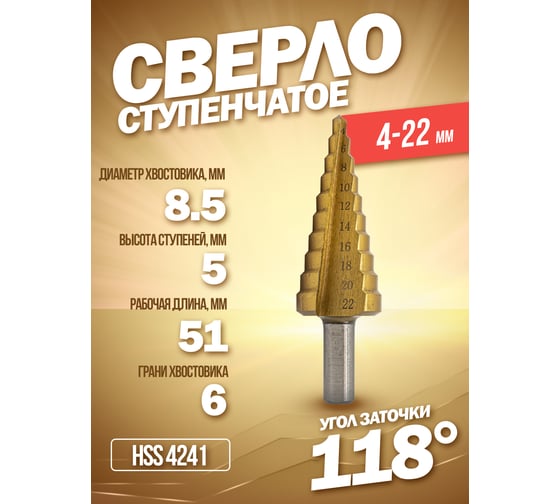 Сверло ступенчатое HSS 4241 4-22 мм Forsage F-44741(29854)
