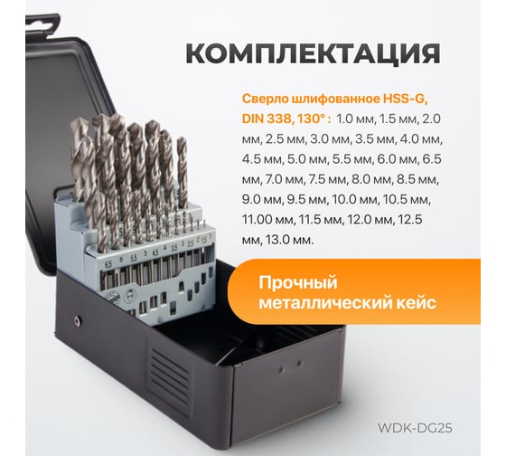 Набор сверл по металлу в металлическом кейсе (25 шт; 1-13 мм; шаг 0.5 мм; HSS-G) WIEDERKRAFT WDK-DG25