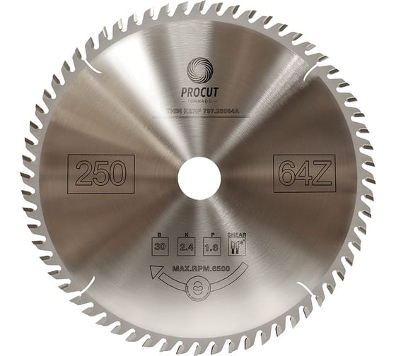 Пильный диск 250x30x2.4/1.6 мм, Z=64, ATB, поперечный рез, по древесине PROCUT 797.2503064A.ECO