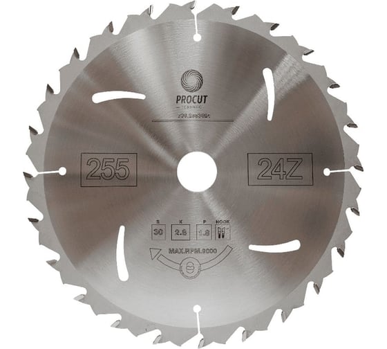 Пильный диск 255x30x2.8/1.8 мм, Z=24, ATB, продольный, рез по древесине, защита отдачи PROCUT 736.2553024.ECO 1