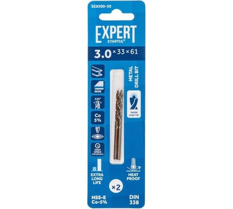 Сверло по металлу ц/х, 3.0x33x61 мм, HSS-Co, 2 шт EXPERT STARTUL SE8300-30