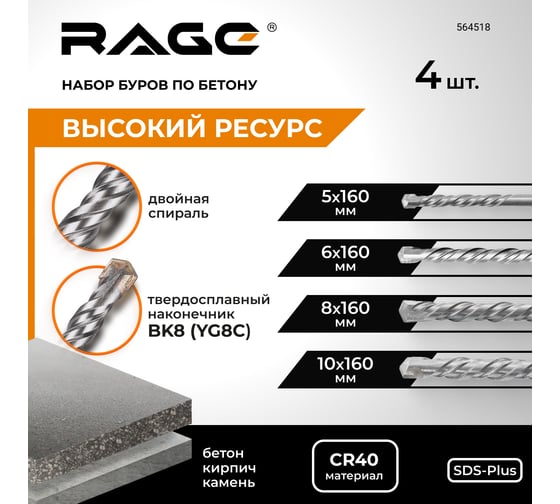 Набор буров по бетону RAGE By VIRA 4 шт 5 х 160 мм 6 х 160 мм 8 х 160 мм 10 х 160 мм SDS-plus 564518