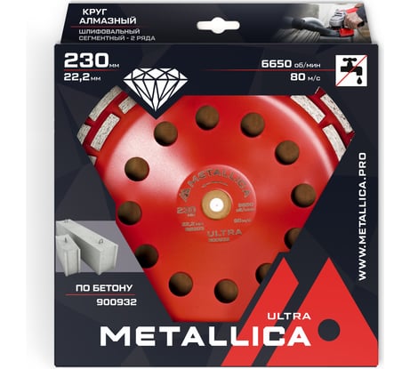 Чашка алмазная сегментная по бетону Ultra 2 ряда, 230x22.2 мм METALLICA 900932