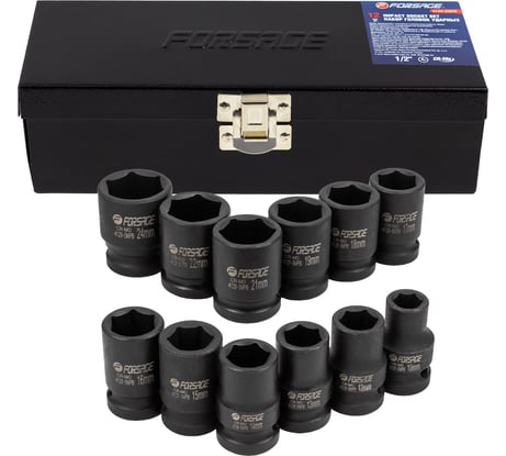Набор головок ударных, 12 шт, 1/2DR", 6 гр., 10, 12, 13, 14, 15, 16, 17, 18, 19, 21, 22, 24 мм, в метал. кейсе Forsage F-4129-5MPB(7897)