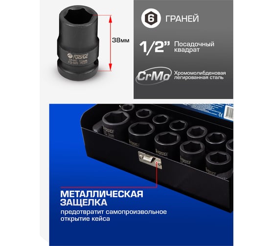 Набор головок ударных, 12 шт, 1/2DR", 6 гр., 10, 12, 13, 14, 15, 16, 17, 18, 19, 21, 22, 24 мм, в метал. кейсе Forsage F-4129-5MPB(7897)