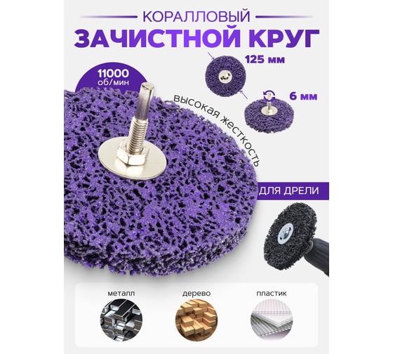 Круг абразивный зачистной для дрели 125 мм, фиолетовый, Ø хвостовика 6 мм, max об/мин 11000, в блистере Forsage F-BD125L(48952)