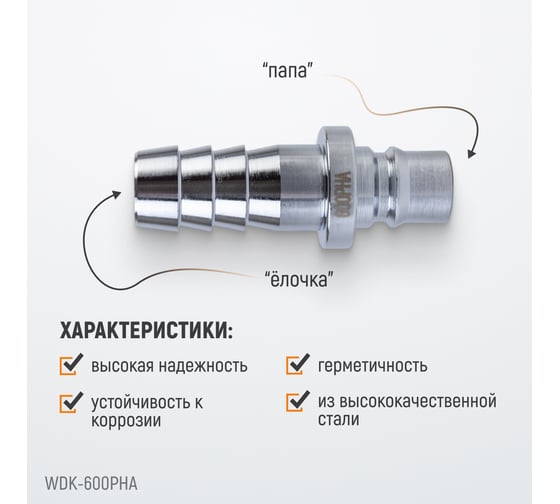 Штекер высокой пропускной способности быстросъемный рапид (папа) - ёлочка 19 мм WIEDERKRAFT WDK-600PHA