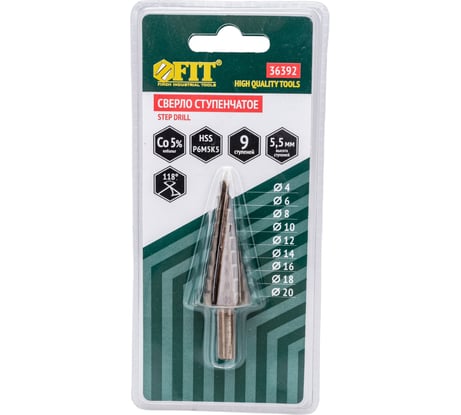 Сверло ступенчатое по металлу HSS Co (4-20 мм; 9 ступеней) FIT 36392