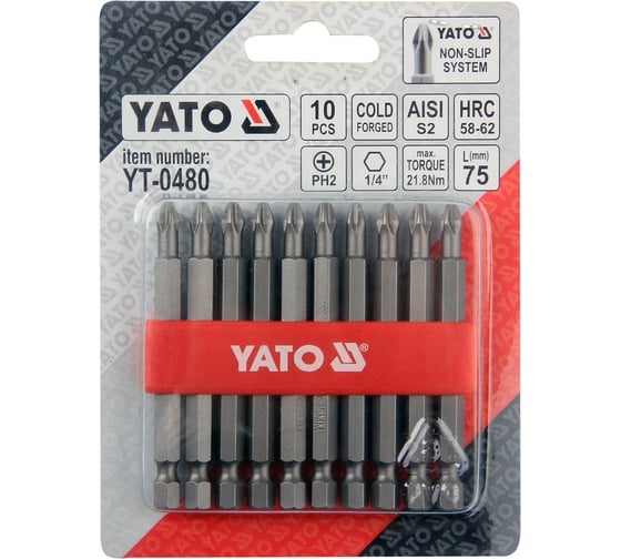 Набор бит PH2 (1/4"; 75 мм; 10 шт.) YATO YT-0480