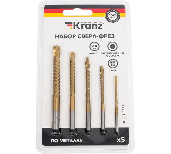 Набор cверл-фрез по металлу 3-4-5-6-8 мм, HSS, ТИТАН, цилиндрический хвостовик, 5 шт KRANZ KR-91-0585