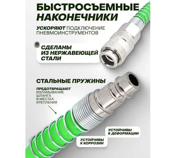 Шланг витой полиуретановый 14х10 мм, 10 м, с быстроразъемами Rockforce RF-1410-10Green(58010)