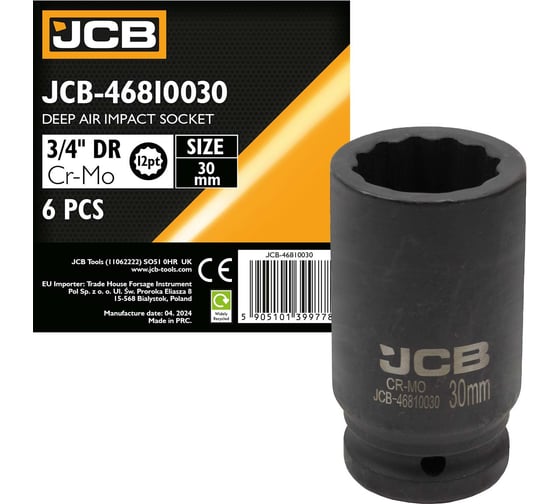 Головка ударная глубокая 12-гранная 30 мм, 3/4"DR JCB JCB-46810030(59833) 1