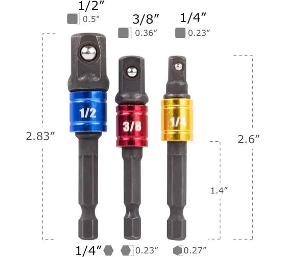 Переходники для шуруповерта под торцевые головки 1/4"DR, 3/8"DR, 1/2"DR, длина 73-65 мм, комплект 3 шт Vitatools perehodniki-pod-tortsevye-golovki-3 1